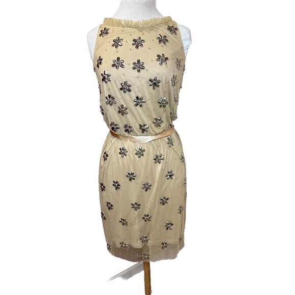 Adrianna Papell Dress Tan Gem Flowers sparkle Cocktail Evening Dress size 8 - Picture 13 of 16